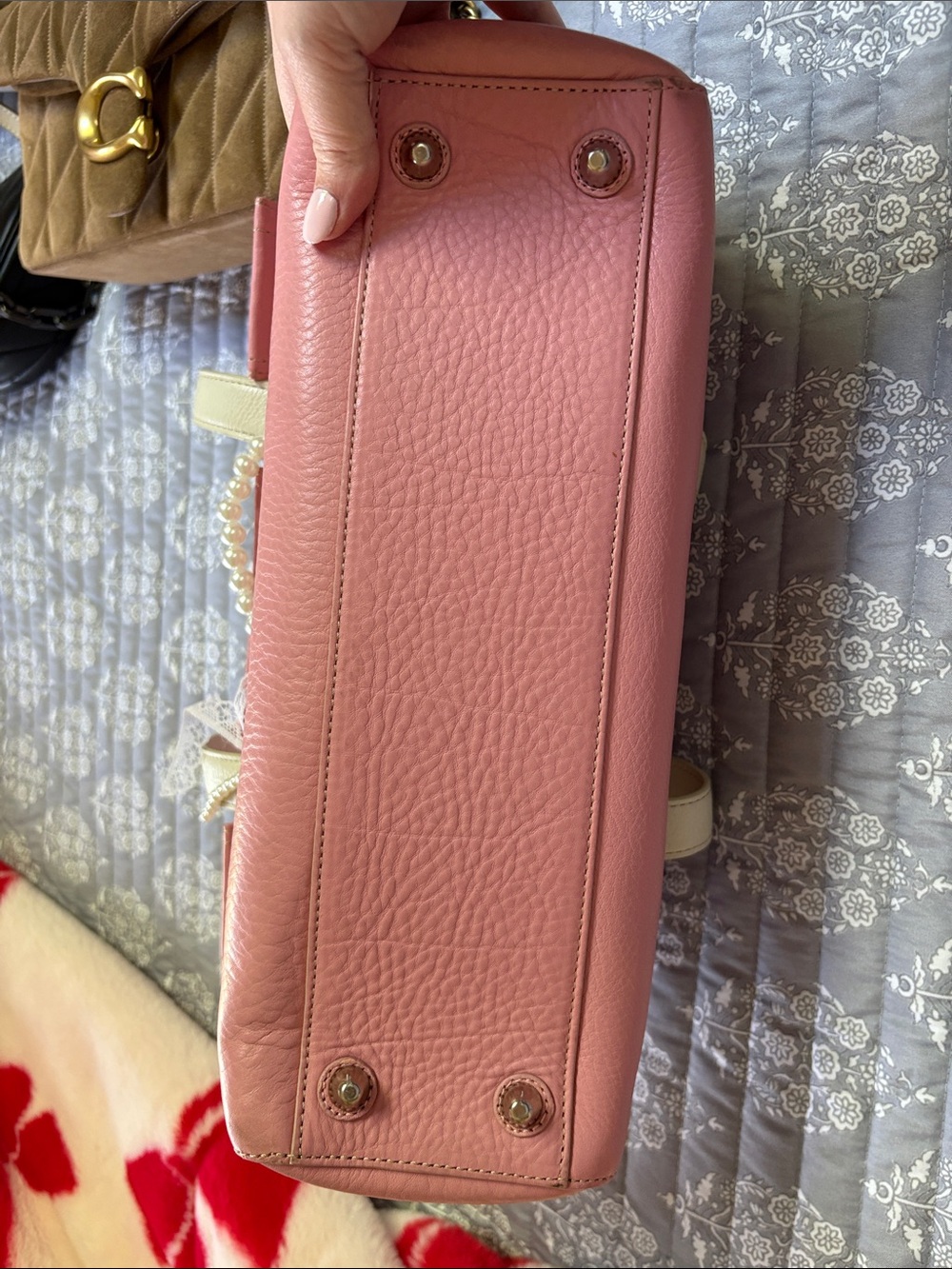 Coach Pink Leather Shoulder Bag with Cream Straps and Pearl Chain - Picture 5 of 5